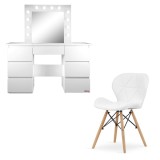Masa de toaleta/machiaj + Scaun stil scandinav Lago, alba, cu oglinda si LED-uri, Vanessa, 130x43x143 cm