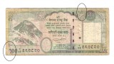 Bancnota Nepal 100 rupees/rupii 2015, circulata, uzata, mici rupturi