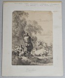 Nicolaes Berchem &quot;Pastor cantand la flaut&quot; gravura veche 1644-45, Peisaje, Cerneala, Realism