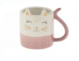 Cana Ceramica cu Model Pisica cu Urechi si Coada 3D, Alb/Roz 420ml