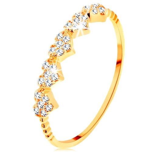 Inel din aur galben de 14K - inimioare strălucitoare, bile pe brațe - Marime inel: 50