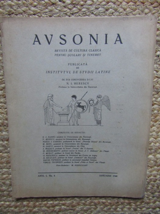AVSONIA , REVISTA DE CULTURA CLASICA PENTRU SCOLARI SI TINERET , PUBLICATA DE INSTITUTUL DE STUDII LATINE , ANUL I , NR. 4 , IANUARIE , 1940