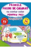 Carte de colorat cu contur colorat și autocolante Masinuțe pentru copii, 16 desene + 32 stickere