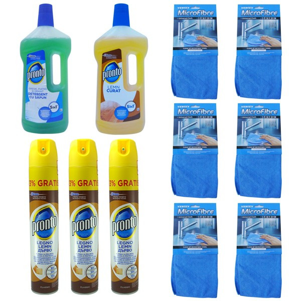 3 x Spray Pronto pentru mobila + 6 Laveta microfibra + 2 Pronto lichid |  Okazii.ro