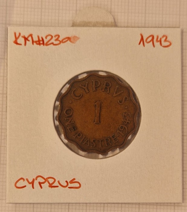 Cyprus, Cipru, 1943, One Piastres, KM#23a