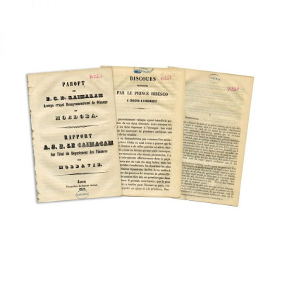Discours prononc&amp;eacute;s par le Prince Bibesco + Raport la E.S.D. Kaimakam + broșură cu discursuri politice, 1856, cu ex-librisul lui D. A. Sturdza foto