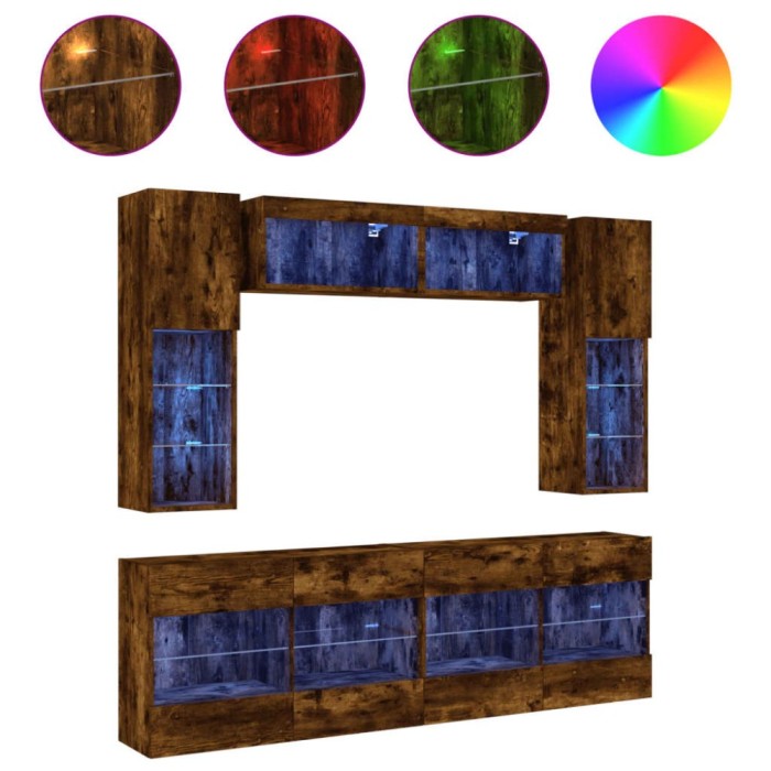 Comode TV de perete cu lumini LED, 6 piese, stejar fumuriu