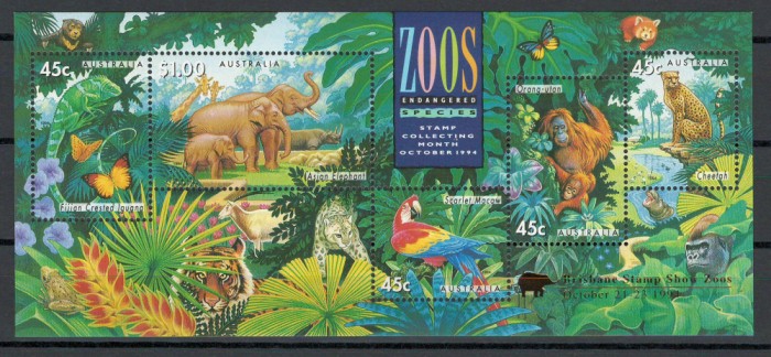 Australia 1994 Mi 1428/32 bl 17 II supratipar - Animale pe cale de disparitie