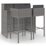 Set mobilier bar de gradina, cu perne, 3 piese, gri, poliratan