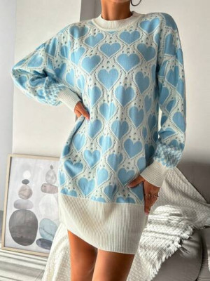 Rochie mini din tricot, cu imprimeu inimioare si maneca lunga, albastru, dama, Shein foto