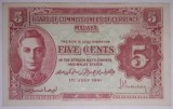 CY - 5 cents centi 1941 Malaya unifata UNC / portret Rege George VI / RARITATE