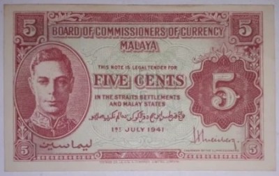 CY - 5 cents centi 1941 Malaya unifata UNC / portret Rege George VI / RARITATE foto