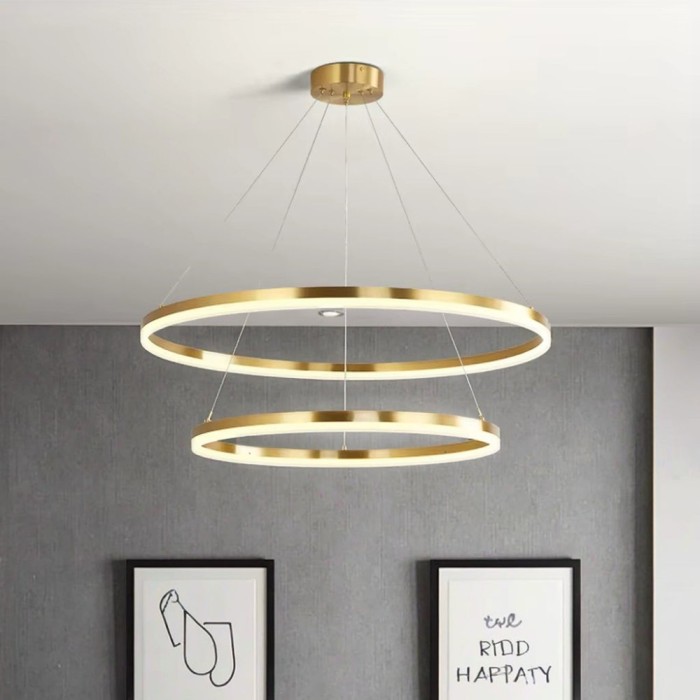 Lustra LED suspendata cu telecomanda CHRISTINE, 69W, 2 Cercuri, lumina Rece/Calda/Neutra, Dimabila, Auriu Lucios, Inaltime Reglabila ModernLight Conce