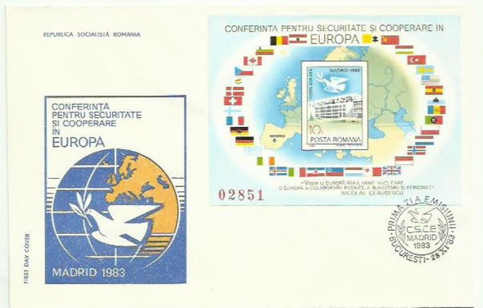 Romania 1983 - FDC colita nedantelata CSCE Madrid - LP 1086 X4