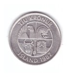 Moneda Islanda 10 kronur 1987, stare buna, curata, Europa, Cupru-Nichel