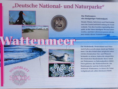 GERMANIA - FDC + MONEDA PROOF - 10 EURO 2004 J, PARCUL NATIONAL WATTENMEER foto