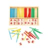 Jocul numerelor din lemn, Montessori, pentru invatarea operatiilor matematice, 2-4 jucatori, 52 betisoare, cifre, semne matematice si suport din lemn,