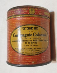Cutie pt ceai, veche de colectie anii 1930 din tabla litografiata - Compagnie Colonial Paris
