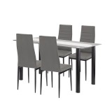 Set Sufragerie Dining Leziter Denton 4+1 Gri-Negru, Masa Sticla Calita 140cm, Scaune Piele Textila