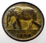 Moneda Congo Belgian 1 Franc 1944, Elefant, Colonie F.161, Alama, 19.2mm, KM# 26