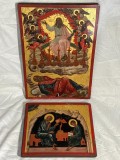 SET - 2 ICOANE PE LEMN - Foita aur 22k - Grecia - "Viziunea Apocalipsei" - Vintage !