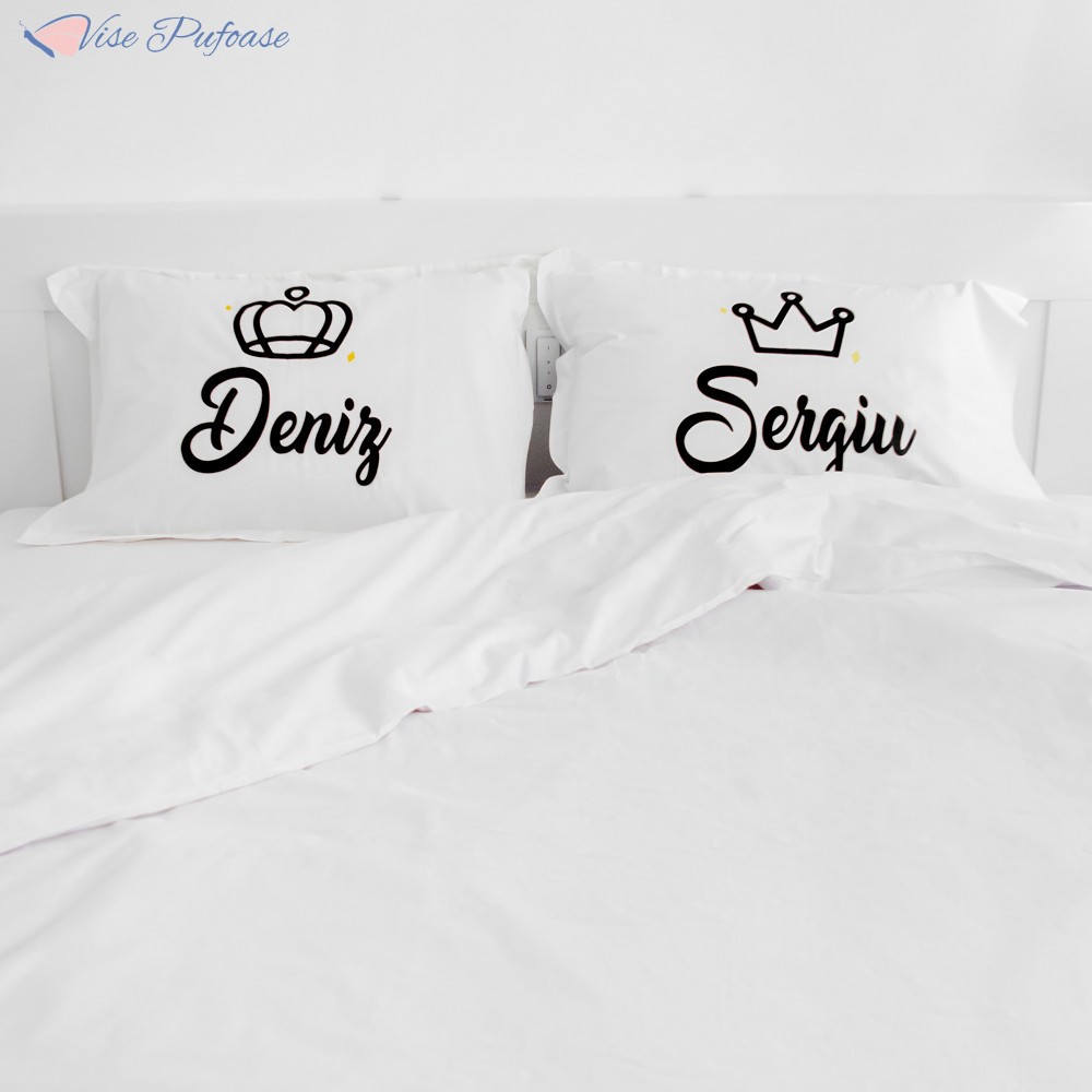 Lenjerie de Pat Personalizată – Mr. King & Mrs. Queen (100% Bumbac), Set  complet | Okazii.ro