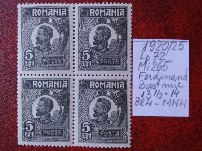 1920- Romania- Ferd. b. mic Mi265a-bl.4-MNH