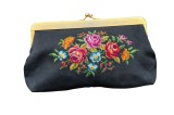 PORTOFEL VINTAGE DIN MATERIAL TEXTIL CU MODEL BRODERIE PETIT POINT, Medie, Negru