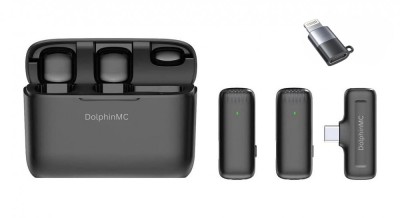 Set 2 Microfoane Lavaliera Wireless DolphinMC&amp;reg; , compatibil cu iPhone, iPad, Samsung, Huawei, Xiaomi, Carcasa de Incarcare Plug and Play, Android, Ios foto