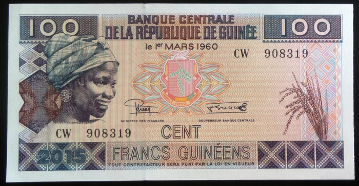 Bancnota exotica 100 FRANCI - GUINEEA AFRICANA, anul 2015 * Cod 787 = UNC
