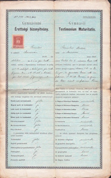 A3345N Certificat absolvire Gimnaziul Rom&acirc;nesc din Brașov Romulus Mioc (primar Petroșani, prefect județ Hunedoara) 1904 semnat olograf Ioan Mețianu