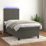 vidaXL Pat cu arcuri, saltea și LED, gri &icirc;nchis, 90x190 cm, catifea