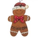 Ornament Brad Crăciun Vintage, Lemn, Omulet Tartă Dulce, Fundiță Roșie Cu Buline, 5.5x8 cm, Oem