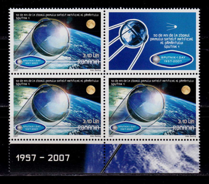 RO 2007 ,LP 1785 ,&quot;50 ani satelitul Sputnik 1&quot;- bloc de 4 : 3 marci+vinieta ,MNH