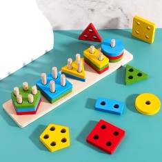 Jucarie educativa flippy, tip montessori, din lemn, + 36 luni, forme geometrice, 20 piese, 6 x 26.5 cm, multicolor