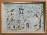 Biserică şi turn medievale - tehnică mixtă, semnat, Peisaje, Acuarela, Impresionism