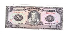 Bancnota Ecuador 5 sucres 22 noiembrie 1988, stare foarte buna
