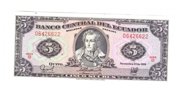 Bancnota Ecuador 5 sucres 22 noiembrie 1988, stare foarte buna