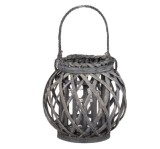 Felinar decorativ din lemn cu suport lumanare, rotund, gri, 20x22 cm