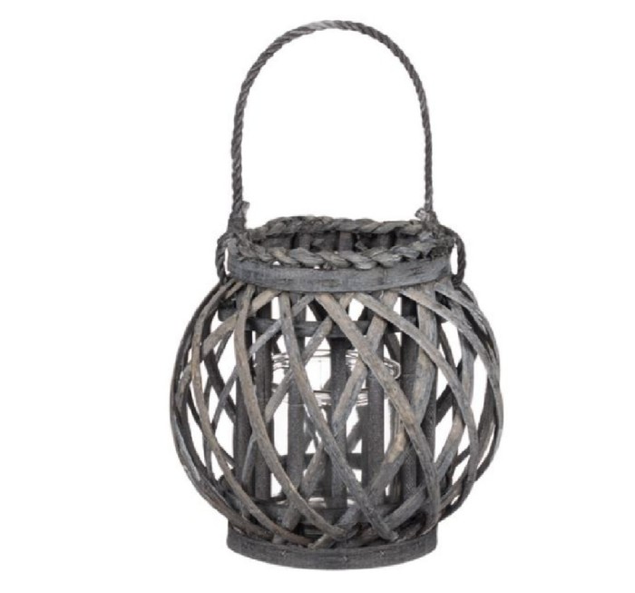 Felinar decorativ din lemn cu suport lumanare, rotund, gri, 20x22 cm