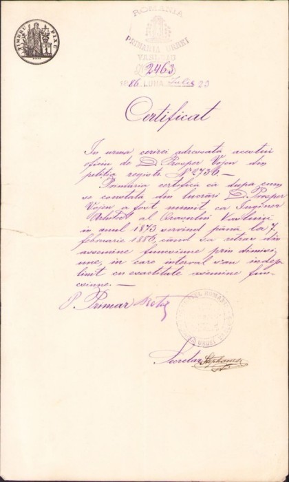 A271 Certificat de activitate a inginerului Prosper Vojen eliberat &icirc;n anul 1886 de primăria orașului Vaslui