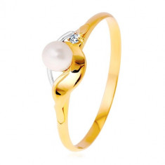 Inel din aur de 14 K, valuri în două culori, perla albă și diamant transparent - Marime inel: 52