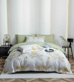 Cumpara ieftin Lenjerie de lux pentru pat dublu,bumbac finet,6 piese,cearceaf cu elastic,alba verde imprimeu cu flori-A1005, Jojo Home