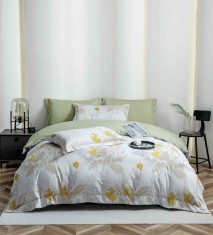 Lenjerie de lux pentru pat dublu,bumbac finet,6 piese,cearceaf cu elastic,alba verde imprimeu cu flori-A1005