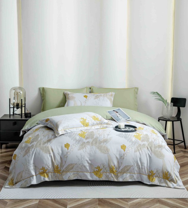 Lenjerie de lux pentru pat dublu,bumbac finet,6 piese,cearceaf cu elastic,alba verde imprimeu cu flori-A1005