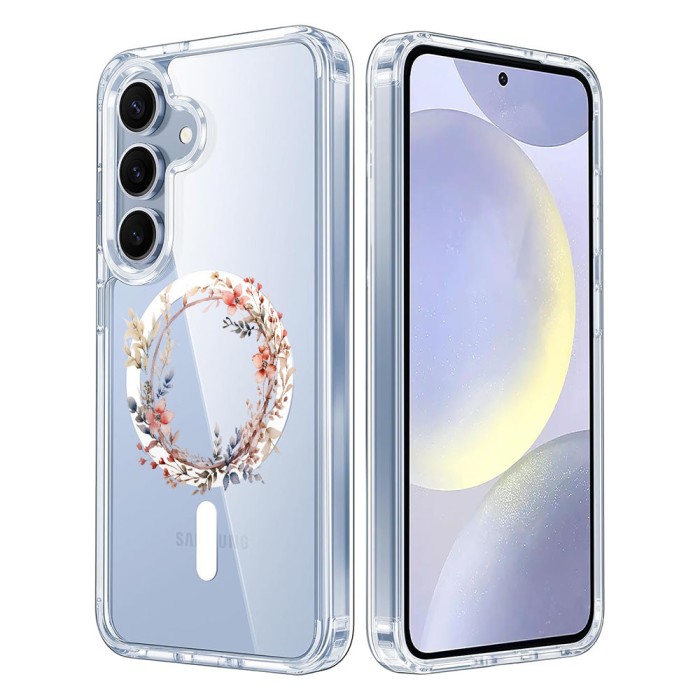 Husa pentru samsung galaxy s25 plus, atasare magnetica, magsafe, pink wreath 11, clear