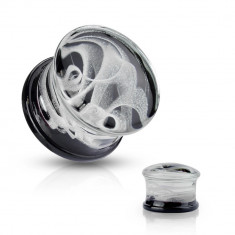 Dop-plug pentru urechi, din sticlă Pyrex - model de fum alb pe fond negru - Lățime: 12 mm