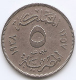 Egipt 5 Milliemes 1938 - Farouk, Cupru-nichel, 21 mm KM-363 (1), Africa