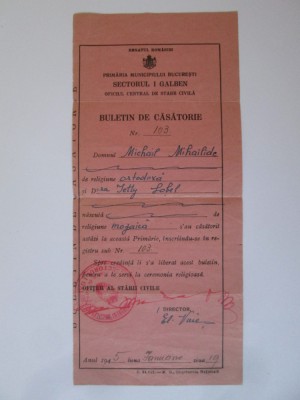 Buletin de căsătorie Sectorul I Galben-Primăria municipiului București 1945 foto