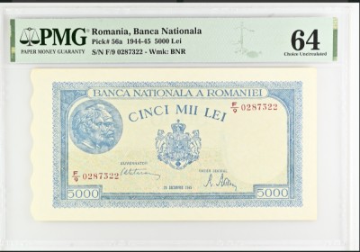 5000 lei dec 1945 PMG64 UNC bancnota gradata foto